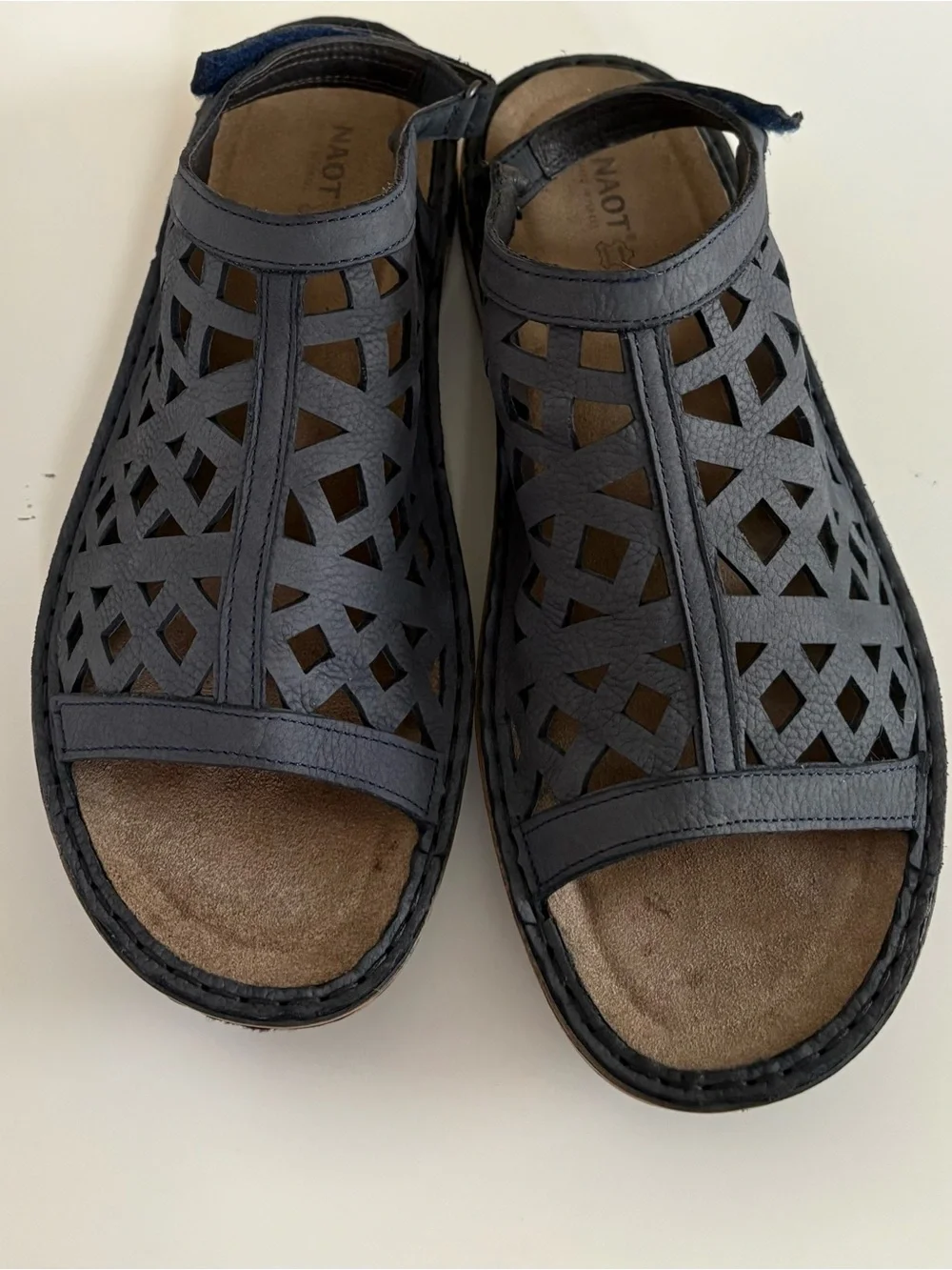 NAOT Amadora Steel Blue Navy Laser-Cut Slingback Sandal Size 41 Nearly New